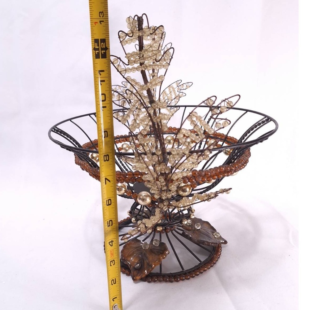 Vtg Metal Wire‎ Beaded Basket w/ Ceramic Leaves Rustic Deco Centerpiece 12.5"w - Picture 7 of 12